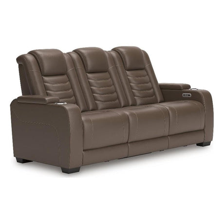 Signature Design by Ashley High Impact Contemporary Leather Match Power Reclining Sofa with Drop-Down Table, Adjustable Headrest, Wireless and USB Ports, Dark Brown Signature Design by Ashley