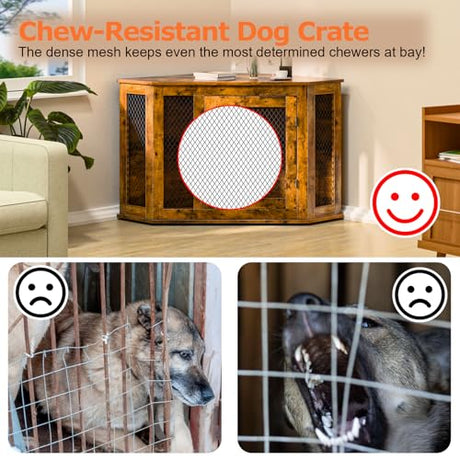 VENDORZ Corner Dog Crate Furniture, 52" Wooden Dog Kennel Furniture End Table with Mesh, Dog Kennel Indoor Furniture for Small Medium Large Dogs, Modern Decorative Wood Pet House Dog Cage Crate, Brown VENDORZ