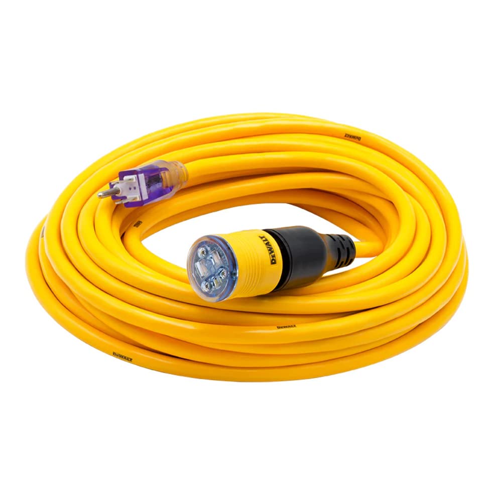 DEWALT 100 Foot Extension CordLighted Click-to-Lock 10/3 SJTW -Heavy Duty Outdoor, Waterproof, Weatherproof, Heat & Corrosion Resistant Industrial Strength Light Up Three Prong Outlet Plug Power Cord DEWALT