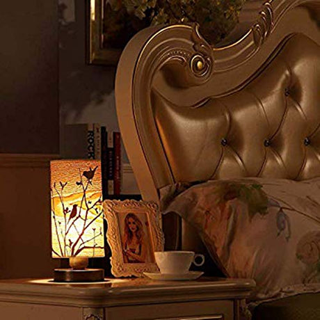 Bieye L10272 Birds in The Tree Wooden Style Table Lamp Night Light with Wood Lampshade Bronze Metal Base for Bedside Bedroom Living Room, Cylinder-Shaped (Bronze) Bieye