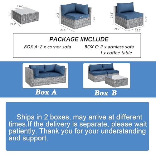 Shintenchi 5 Pieces Outdoor Patio Sectional Sofa Couch, Silver Gray PE Wicker Furniture Conversation Sets with Washable Cushions & Glass Coffee Table for Garden, Poolside, Backyard (Aegean Bl - WoodArtSupply