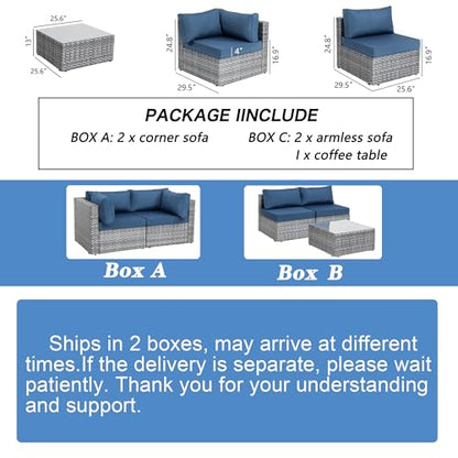 Shintenchi 5 Pieces Outdoor Patio Sectional Sofa Couch, Silver Gray PE Wicker Furniture Conversation Sets with Washable Cushions & Glass Coffee Table for Garden, Poolside, Backyard (Aegean Bl - WoodArtSupply