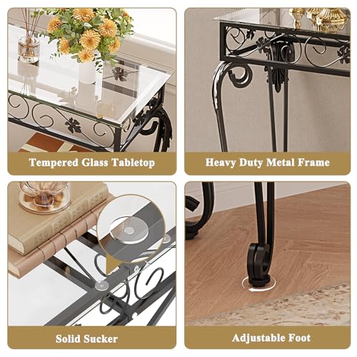 HavenlyYouth Console Table 47.2", Tempered Glass Sofa Tables, Vintage Entryway Table with Metal Frame, Console Tables for Living Room, Entrance, Foyer, Adjustable Feet (Black) HavenlyYouth