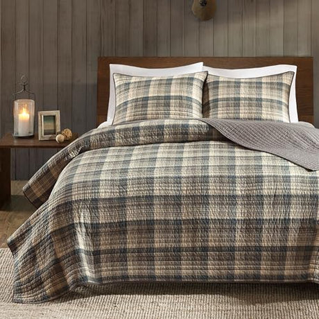 Woolrich Reversible Quilt Cabin Lifestyle Design - All Season, Breathable Coverlet Bedspread Bedding Set, Matching Shams, Oversized Full/Queen, Tasha Plaid Tan/Brown 3 Piece Woolrich John Rich & Bros.
