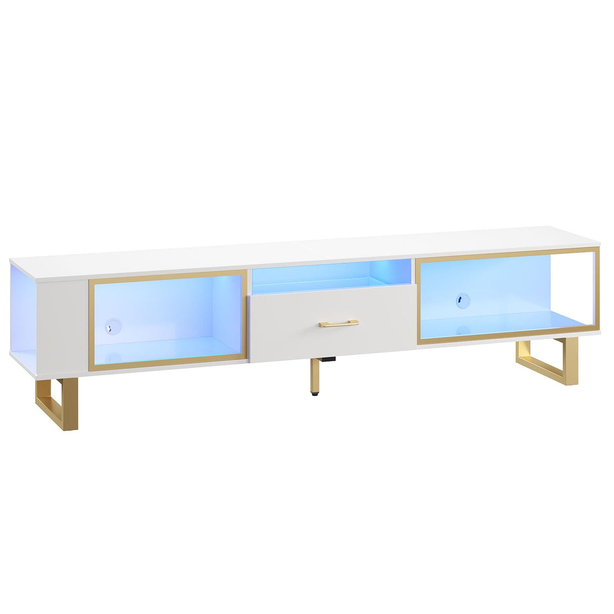 Bestier 80 Inch TV Stand for 65/75/85/90 Inch TVs, LED Gaming Entertainment Center with Open Storage and Half-Glass Design Drawer, Modern High Gloss Media Console for Living Room, White and Gold Bestier