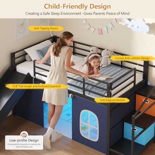 DICTAC Low Loft Bed with Slide,Storage Stairway and Led Lights Metal Twin Size Loft Bed with Under-Bed Play Space,Art Table & Play Curtain Twin Beds with 2 Drawers and 13.8''H Safety Guardrail,Black DICTAC