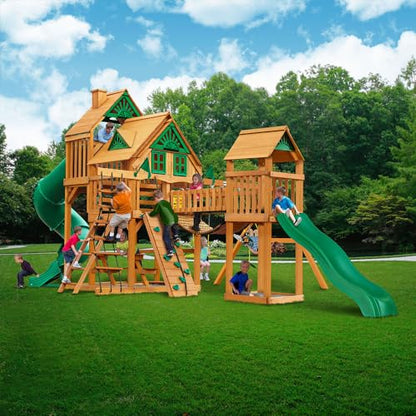 Gorilla Playsets 01-1037-AP Treasure Trove Treehouse Wood Swing Set with Tube Slide, Built-in Sandbox Area, and Clatter Bridge, Amber