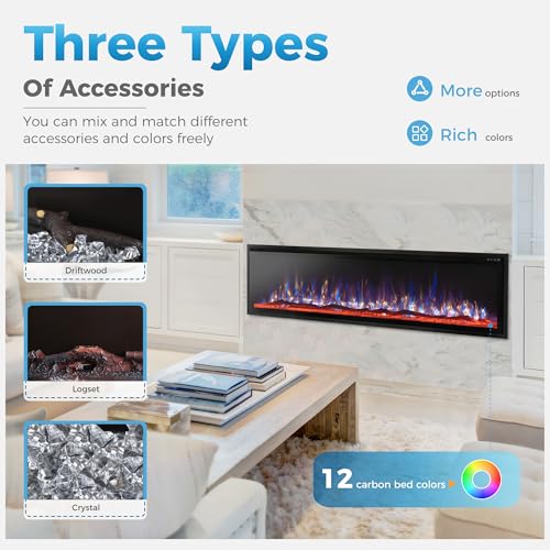 GREEN PARTY 72" Electric Fireplace Recessed/Wall Mounted Ultra-Narrow Bezel Fireplace Heater with Log & Crystal Options, 750W/1500W, Adjustable Flame Bed Colors, Speed, Timer, Temperature (60.8℉-86℉) GREEN PARTY