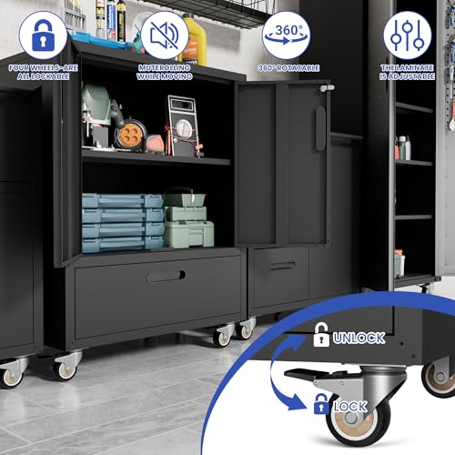 OPTYMIRA Metal Tool Storage Cabinet with Wheels,Black Heavy Duty Mobile Rolling Tool Cabinets for Garage,Metal Storage Cabinets with 2 Locking Doors and 1 Drawer,Assembly Required OPTYMIRA