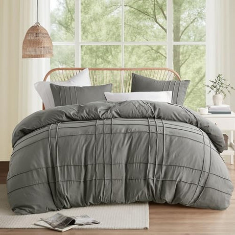 Comfort Spaces Grey Twin Size Duvet Cover Set - 2 Pieces Pintuck Pleated Duvet Cover All Season Lightweight, Extra Softness Pre-Washed Microfiber Twin Bedding Cover Shams, Twin/Twin XL Comfort Spaces