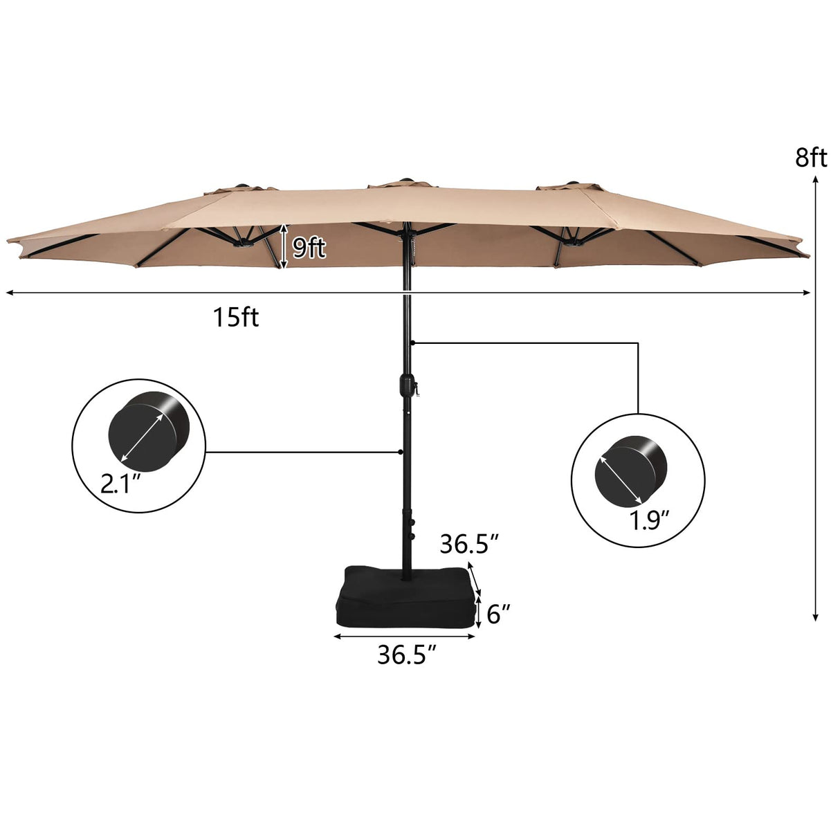 Tangkula 15FT Double-Sided Patio Umbrella with Base, Extra-Large Market Umbrella W/Crank System, Outdoor Twin Umbrella W/ 12-Rib Metal Structure & Air Vents for Garden, Backyard, Poolside (Brown) Tangkula