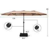 Tangkula 15FT Double-Sided Patio Umbrella with Base, Extra-Large Market Umbrella W/Crank System, Outdoor Twin Umbrella W/ 12-Rib Metal Structure & Air Vents for Garden, Backyard, Poolside (Brown) Tangkula