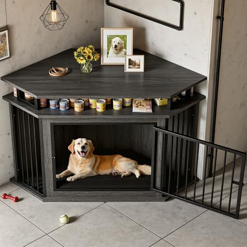 IRONCK 51" Corner Wooden Dog Crate Furniture with 2-Tier Shelves, Pet Kennel for Large Dogs, Space-Saving Dog Cage Indoor, Rustic Brown (26.7" L x 51.2" W x 33.5" H) IRONCK