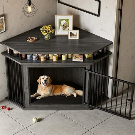 IRONCK 51" Corner Wooden Dog Crate Furniture with 2-Tier Shelves, Pet Kennel for Large Dogs, Space-Saving Dog Cage Indoor, Rustic Brown (26.7" L x 51.2" W x 33.5" H) IRONCK