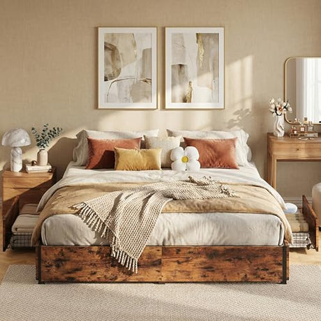 LIKIMIO King Bed Frame with Storage, 4 Drawers and Heavy Strong Metal Support Frames, Solid Stable, Noise-Free, No Box Spring Needed, Easy Assembly, Vintage Brown LIKIMIO