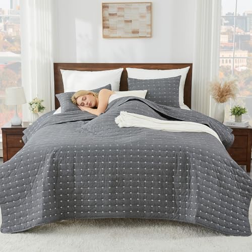 ENJOHOS 100% Cotton King Quilt, King Size Dark Grey Bedspread, Reversible Lightweight Super Coverlet Comforter Bedding with Shams for All Season ENJOHOS