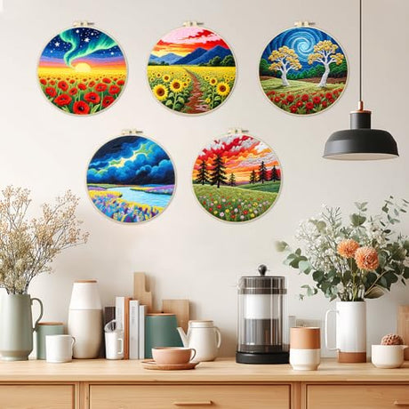 ACRNIGHEET 5 Pack Embroidery Kit for Beginners Adults, Stamped Cross Stitch Kits, Hand Embroidery Starter Kit Including 5 Stamped Embroidery Cloth, Colorful Threads, Hoop, Instruction, Gift Idea ACRNIGHEET