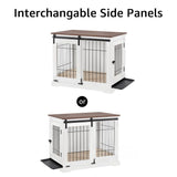 beeNbkks Dog Crate Furniture with Sliding Barn Door, Stylish Double Doors Wooden Kennel with Tray and Cushion, Decorative Indoor Pet House Side End Table for Medium Large Dogs beeNbkks