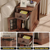 Fameill Farmhouse End Table with Charging Station & Led Lights,Narrow Sofa Side Table with Glass Barn Door & Drawer,Wood Rustic Nightstand Bedside Table for Living Room,Bedroom,Brown Fameill