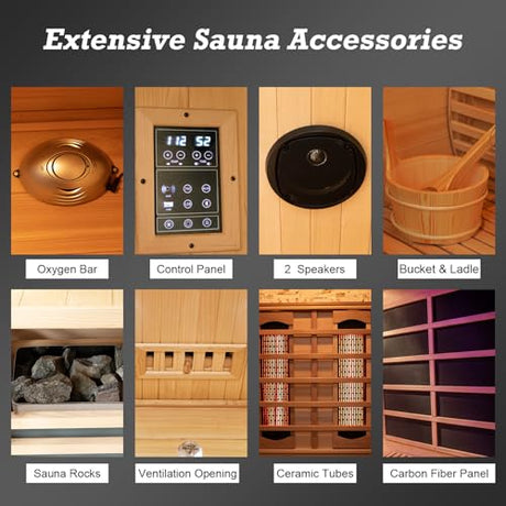 amocane Infrared & Steam Dual-System Sauna Room for 4-6 Person, Wood Hybrid Home Sauna with Heater, Indoor Traditional Saunas Spa with Heaters & Sauna Stove, Speaker, Oxygen Bar, Bucket amocane