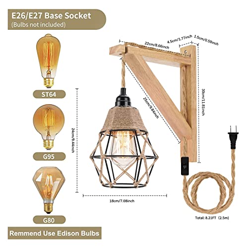 Frideko Wall Lamp with Plug in Cord - Plug in Wall Sconces, Farmhouse Hanging Lamps That Plug into Wall Outlet, Rustic Wall Mount Lamp with Wood Shelf Bracket & Switch Cord for Living Room, Bedroom FRIDEKO HOME