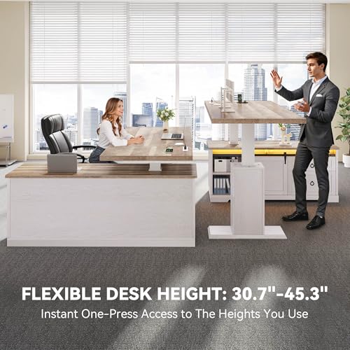YITAHOME L Shaped Standing Desk with Power Outlets & LED Lights, 63" Farmhouse Electric Standing Desk Adjustable Height Sit Stand Corner Stand Desks with Drawers & Sliding Door, Grey Wash YITAHOME