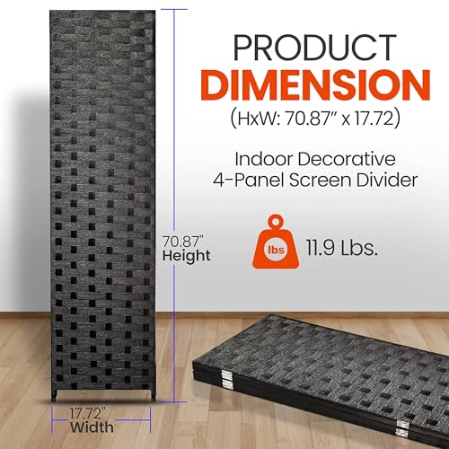 SereneLife 4-Panel Folding Room Divider, Woven Fiber Privacy Screen, Portable Partition for Room Separation, Lightweight Decorative Screen for Living Room, Office, Porch, and Dressing Area, 71” x 18” SereneLife