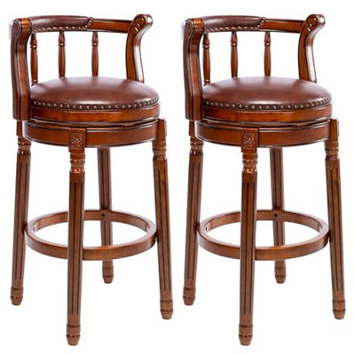 AULIFE Cow top Leather Upholstered and Wooden Legs Set of 2 Bar Stools, 360 Degree Swivel Bar Height Contemporary Leisure Style Bar Stool Chair for Home Kitchen Counter, Dining Room, Restaurant,2pcs