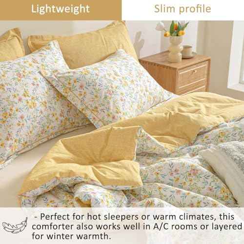 ALEISSEL Natural Cotton 2pcs Floral Comforter Sets Twin Size-Yellow Comforter with Pink & Yellow Flowers and Blue & Green Leaves on White, Reversible Lightweight Bedding Sets(Twin 68"×90") ALEISSEL