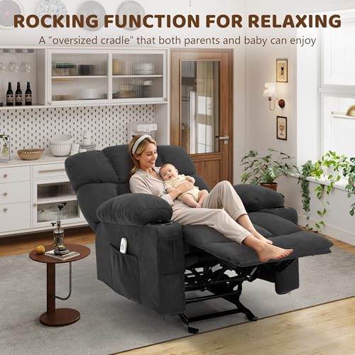 Massage Rocking Recliner Chair, Ergonomic Recliners Sofa with Vibration Massage & Heat, Rocking Chair Nursery Chair for Living Room Lounge with 4 Pockets, 2 Cup Holders, Black