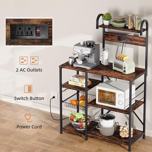 Shintenchi Kitchen Bakers Rack with Power Outlet, Multifunctional Organizer & Storage with 6 Hooks, Microwave Oven Stand, and Coffee Station Shelf, Vintage Brown