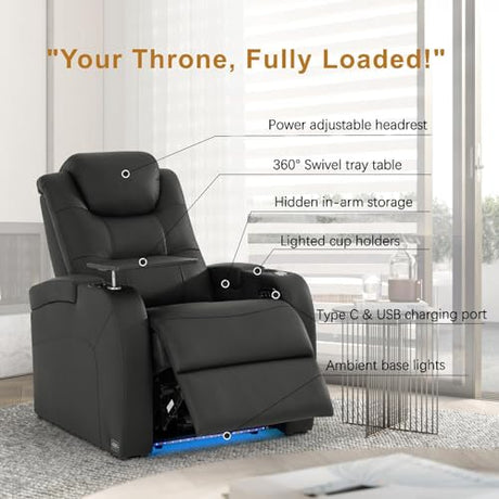 comfiroom Home Theater Seating Simple Style Top Grain Nappa Leather Recliners Chair Dual Power Movie Gaming Sofa Chair Electric Headrest with Tray Table Type-C USB Charger (Black, Row of 1) comfiroom