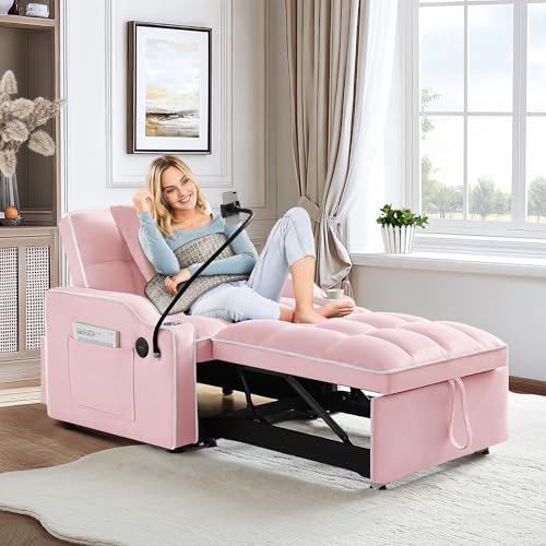 SLEERWAY 3-in-1 Convertible Futon Sofa Bed Chair, Multi-Functional Sleeper Chair Bed with Pull Out Couch and Adjustable Backrest, Modern Velvet Chaise Lounge Armchair for Living Room Bedroom, Pink SLEERWAY
