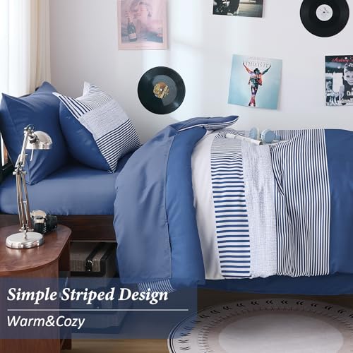 Cottolester Twin Size Comforter Navy Blue Striped Comforters for Boys&Girls,7 Pieces Bed in A Bag Simple Neutral-Style Bedding Sets for Kids Teen Cottolester