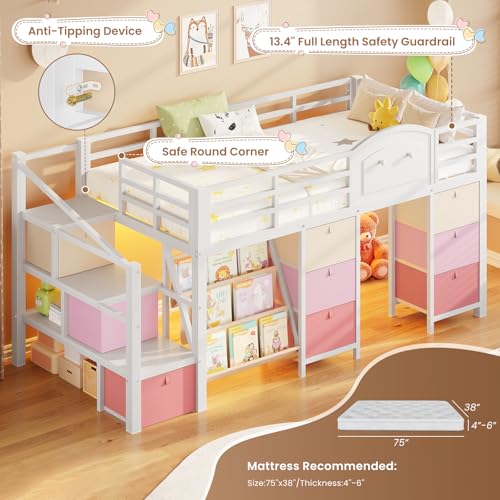 VIAGDO Low Loft Bed Twin Size with 9 Storage Drawers, Bookcase and LED Lights, Metal Kids Loft Bed with Wide Staircase, Open Shelves and Safety Guardrail, Twin Loft Bed with Under-Bed Playhouse, White VIAGDO