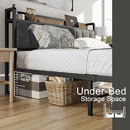 LIKIMIO Vintage Brown and Grey Queen Bed Frame with Storage Headboard and Charging Station LIKIMIO