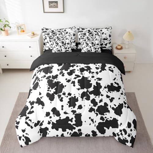 Erosebridal Cow Print 7 Piece Bed in a Bag King,Milk Cow Cattle Bedding Set Bed Sheets for Kids Teens Adults,Wild Animal Farmhouse Comforter Set,Black White Bull Cowhide Sheet Set with Comforter Erosebridal