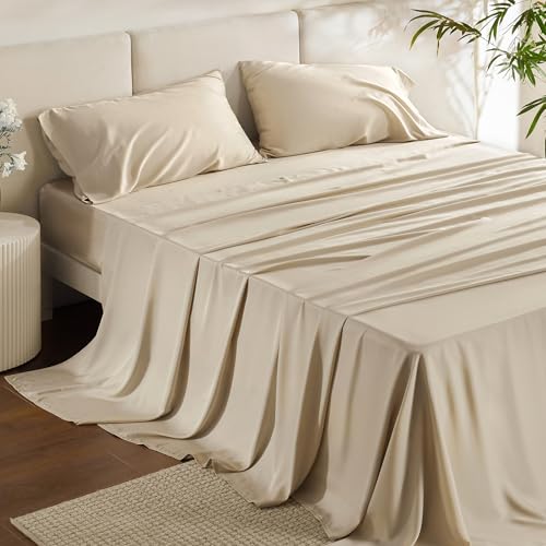 Bedsure King Size Sheet Set, Cooling Sheets King, Rayon Derived from Bamboo, Deep Pocket Up to 16", Breathable & Soft Bed Sheets, Hotel Luxury Silky Bedding Sheets & Pillowcases, Beige Bedsure