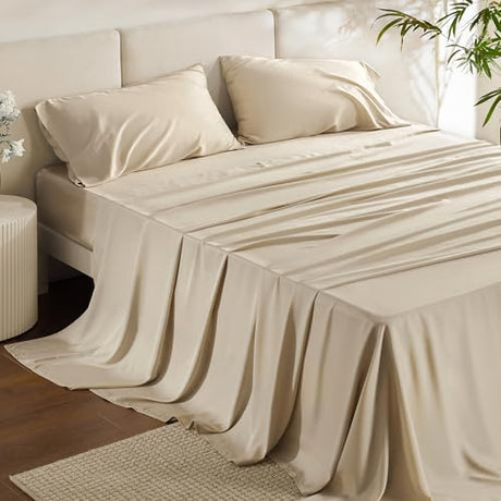 Bedsure King Size Sheet Set, Cooling Sheets King, Rayon Derived from Bamboo, Deep Pocket Up to 16", Breathable & Soft Bed Sheets, Hotel Luxury Silky Bedding Sheets & Pillowcases, Beige Bedsure
