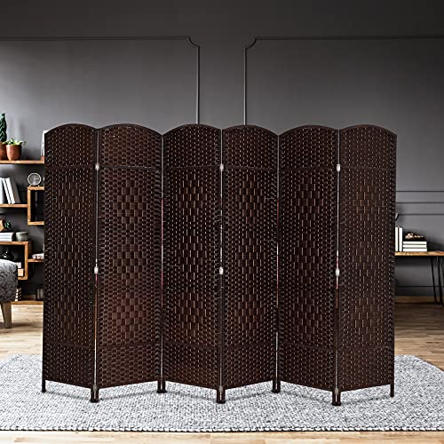 VINGLI 6-Panels Tall Rattan Room Divider, 6 FT Folding Privacy Screen, Indoor Partition Wall Dividers, Freestanding Hinged Space Separator (Dark Brown) VINGLI