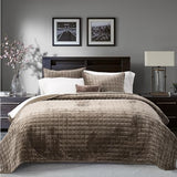RECYCO Luxury Velvet Quilt Set Full Queen Size Bedding Sets, Ultra Soft Velvet Comforter Set, Lightweight Channel Box Stitch Oversized Bedspread Coverlet for All Season, with 2 Shams, Mocha Brown RECYCO