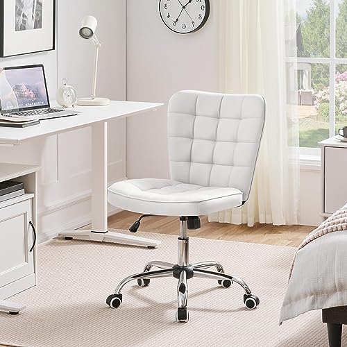 Yaheetech Armless Desk Chair Modern Tufted Office Chair Faux Leather Upholstered Computer Chair with Adjustable Seat Height and Rolling Wheels for Home/Office, White Yaheetech