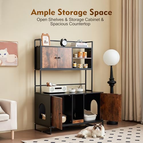 JanflyHome Cat Litter Box Enclosure with Power Outlet, 60'' Large Double Hidden Cat Litter Box Furniture with Shelf, Indoor Cat House Furniture with Cat Scratching Pad for 2 Cats, Vintage Brown… JanflyHome