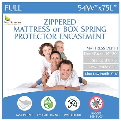 Full Size Mattress or Box Spring Encasement (5" to 8" Depth) - Low Profile Waterproof Zippered Protector Hypoallergenic Premium Bed Cover Protects from Dust Allergens Four Seasons Essentials