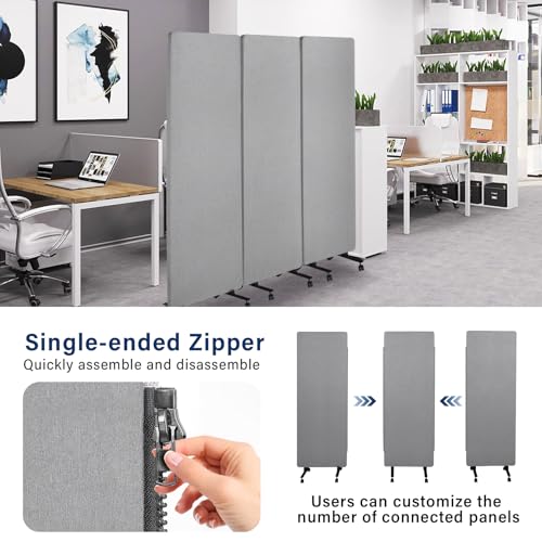 72" X 66" partition Room dividers, 3 Panel Sound Proof Dividers for Office Partitions, Room Divider Privacy Panel with Wheels, Portable Temporary Wall for Office, Studio, School, Hospital(Light Gray) Generic