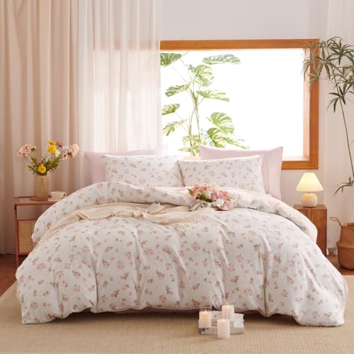 Erwinmu Floral Comforter Set Queen Size - 3 Pieces Pink White Floral Comforter Bedding Sets Reversible Pattern,Queen Bed in a Bag with Flowers Comforter and 2 Pillowcases Erwinmu