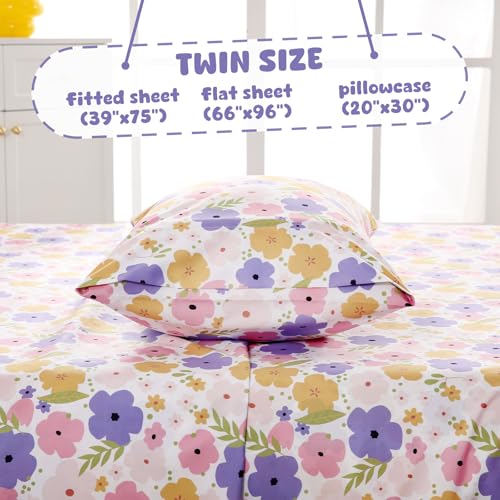 LONAVA Twin Sheet Set Kids - 3 Pieces Soft Microfiber Cartoon Style Bedsheets for Boys Girls Teens, Oeko TEX, Breathable Deep Pocket Sheets, (Flower) LONAVA