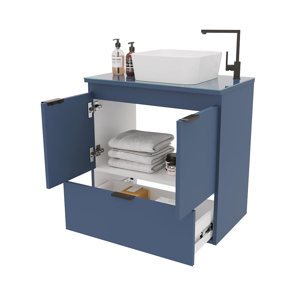COZIMAX Soul 23" Combo Floating Bathroom Vanity with White Ceramic Sink Tempered Glass Countertop Soft Close Doors 1 Drawer Wall Mount (Blue) COZIMAX