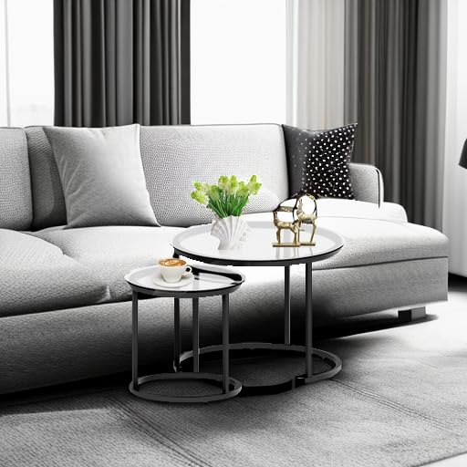 aboxoo Black Nesting Coffee Glass Table Set of 2, Metal Freme Side End Tables for Living Room Bedroom for Apartment Small Place Modern Industrial Simple, 23.6D x 23.6W x 17.7H in aboxoo