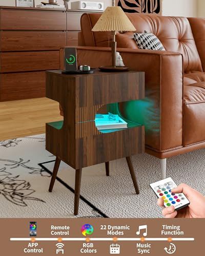 JOONEE Nightstand with Charging Station and LED Lights,Modern Bedside Table with 2 Storage Drawer,Night Stand with Solid Wood Legs,White (Walnut Brown) JOONEE